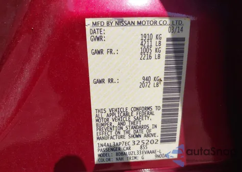2014 Nissan Altima 2.5 Sv from USA, damaged, VIN 1N4AL3AP7EC325202